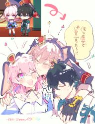 1girl 2boys animal_ears anniversary black_choker black_gloves black_hair black_shirt blue_eyes blue_jacket blush caelus_(honkai:_star_rail) chinese_clothes choker closed_eyes closed_mouth coat collarbone collared_shirt dan_heng_(honkai:_star_rail) dan_heng_(hunt)_(honkai:_star_rail) english_text eyeliner fake_animal_ears fingerless_gloves fingernails flower_ornament gloves grey_hair hair_between_eyes hand_on_another&#039;s_shoulder happy hat highres honkai:_star_rail honkai_(series) jacket long_sleeves looking_at_another makeup march_7th_(honkai:_star_rail) march_7th_(preservation)_(honkai:_star_rail) mini_hat multicolored_eyes multiple_boys noir39 off-shoulder_shirt off_shoulder one_eye_closed open_clothes open_coat open_jacket open_mouth pink_hair purple_eyes rabbit_ears red_eyeliner red_hat shirt short_hair sidelocks simple_background single_bare_shoulder smile speech_bubble sweatdrop t-shirt teeth trailblazer_(honkai:_star_rail) translation_request upper_body v-shaped_eyebrows white_background white_coat white_shirt