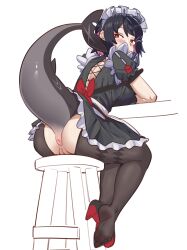 1girl absurdres anus ass bare_arms black_dress black_hair blush breast_rest breasts cleft_of_venus commentary dress ear_piercing ellen_joe feet fins fish_tail from_behind full_body high_heels highres large_breasts looking_at_viewer looking_back maid_headdress mole mole_under_eye multicolored_hair no_panties pantyhose piercing pink_hair puffy_short_sleeves puffy_sleeves pussy r-dragon red_eyes shark_tail shoes short_hair short_sleeves simple_background single_shoe sitting soles solo stool tail tail_anus toes two-tone_hair white_background zenless_zone_zero