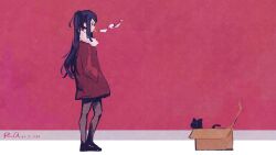 1girl absurdres black_cat black_pants box cat cigarette coat commentary dated english_commentary facing_to_the_side fore_(va-11_hall-a) fur-trimmed_jacket fur_trim hands_in_pockets highres jacket jill_stingray long_hair pants pink_background purple_hair red_coat red_eyes rnna sidelocks signature smoking twintails va-11_hall-a
