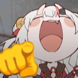 1girl bell chibi chibi_only closed_eyes demon_horns emoji fang hair_bell hair_ornament hololive horns japanese_clothes jingle_bell kukie-nyan laughing laughing_cat_pointing_at_you_(meme) long_hair lowres meme multicolored_hair nakiri_ayame nakiri_ayame_(1st_costume) open_mouth pointing pointing_at_viewer red_hair skin-covered_horns solo streaked_hair virtual_youtuber white_hair