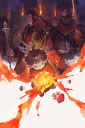 2girls 2others 3boys absurdres akaneko_(redakanekocat) armor beard blush bob_cut bow_(weapon) chainmail earrings facial_hair fire grey_hair hair_over_one_eye halberd hat helm helmet highres holding holding_polearm holding_staff holding_sword holding_weapon jewelry kogane_albanus long_hair long_sleeves multiple_boys multiple_girls multiple_others mushroom pixiv_fantasia pixiv_fantasia_last_saga pointy_ears polearm red_hair red_hat rudia_of_the_moon_smile staff surcoat sword torch wavy_hair weapon