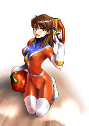 1girl arched_back bodysuit breasts brown_eyes brown_hair cameltoe collarbone cosplay covered_erect_nipples energy_gun ez6 female_focus gloves gun helmet highres kneeling latex medium_breasts non-web_source open_mouth ray_gun ribs scan single_vertical_stripe skin_tight smile solo spandex sunred sunred_(cosplay) tentai_senshi_sunred thigh_gap thighhighs thighs tight_clothes uchida_kayoko weapon