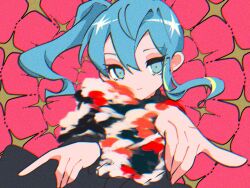 Rule 34 | 1girl, bibbidiba (hololive), blue eyes, blue hair, chromatic aberration, closed mouth, cowboy shot, film grain, hair between eyes, highres, hololive, hoshimachi suisei, looking at viewer, mikkameno yoru, pink background, ponytail, smile, solo, virtual youtuber