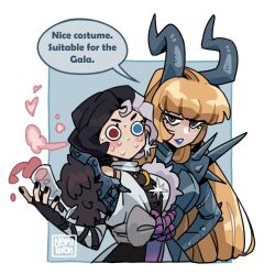 2girls absurdres armor black_gloves blonde_hair blue_eyes blush breasts cleavage_cutout clothing_cutout elbow_spikes gloves heterochromia highres horns long_hair luna_snow magik_(x-men) marvel marvel_rivals multicolored_hair multiple_girls nekitoron spiked_pauldrons split-color_hair two-tone_hair x-men yuri