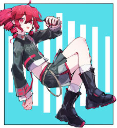 1girl ahoge ankle_boots ankle_socks belt black_boots black_shirt black_skirt blue_background boots border brown_belt collared_shirt commentary_request drill_hair fingernails floating from_side grey_jacket grey_skirt hair_between_eyes holding holding_walkie-talkie jacket kasane_teto kasane_teto_(voicepeak) layered_skirt long_sleeves looking_at_viewer midriff navel open_mouth red_eyes red_hair red_nails red_skirt shirt skirt socks solo teckinder twin_drills utau voicepeak walkie-talkie white_border wing_collar