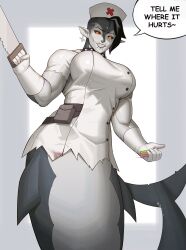 Rule 34 | 1girl, absurdres, black sclera, boonie (bonnydada8), breasts, coat, colored sclera, english text, gloves, grin, hat, highres, large breasts, looking at another, looking at viewer, monster girl, nurse cap, orange eyes, original, pointy ears, shark girl, sharp teeth, smile, solo, speech bubble, teeth, white coat, white gloves