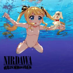 1girl air_bubble album album_art album_cover album_cover_redraw barefoot black_bow blonde_hair blue_eyes blush bow bubble blowing_bubbles completely_nude cover derivative_work doll drill_hair eki_mirin female_focus fish_hook full_body highres hook loli long_hair long_sleeves navel nevermind nirvana_(band) nude open_mouth rozen_maiden shinku solo submerged swimming toy twintails underwater water