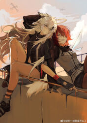 2girls absurdres animal_ears arknights arm_up belt black_belt black_footwear black_gloves black_jacket black_shorts brown_pantyhose chinese_commentary closed_mouth cloud commentary_request detached_wings drone energy_wings exusiai_(arknights) feiyu30903448 fingerless_gloves floating_hair gloves grey_eyes grey_hair hair_between_eyes hair_ornament hair_over_one_eye hairclip halo highres jacket lappland_(arknights) locked_arms long_hair long_sleeves midriff_peek multiple_girls navel open_mouth pantyhose raglan_sleeves red_eyes red_hair scar scar_across_eye scar_on_face short_hair short_sleeves shorts sitting tail thighs watermark weibo_watermark white_jacket wings wolf_ears wolf_girl wolf_tail