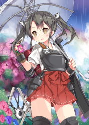 10s 1girl :d black_hair brown_eyes female_focus flight_deck flower hair_ribbon holding kantai_collection machinery muneate open_mouth pleated_skirt ribbon saru skirt smile solo twintails umbrella zuikaku_(kancolle)