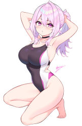 1girl armpits arms_behind_head arms_up bare_legs bare_shoulders barefoot black_choker black_one-piece_swimsuit bunching_hair choker clothing_cutout competition_swimsuit cu-no full_body highres hisen_kaede long_hair looking_at_viewer on_one_knee one-piece_swimsuit parted_lips pink_eyes pink_hair ponytail side_cutout simple_background solo sweatdrop swimsuit thighs two-tone_one-piece_swimsuit white_background yayoi_sakura