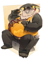 1boy animal_ears bara barefoot bell belly black_fur black_pants bracelet cake chinese_clothes claws closed_eyes commentary english_commentary fangs fat fat_man food furry furry_male grin hand_on_own_stomach highres jewelry jingle_bell looking_at_food male_focus multicolored_fur pan_yinhu panda_boy panda_ears panda_tail pants round_eyewear shirt sitting smile spiked_bracelet spikes swiss_roll tazaa_(unatazaamarilla) white_fur wok yellow_shirt zenless_zone_zero