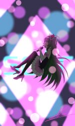 1girl absurdres artist_request black_dress black_thighhighs blush brown_dust_(series) brown_dust_2 closed_eyes crying dress elbow_gloves flat_chest from_side full_body gloves green_hair high_heels highres holding holding_microphone lens_flare long_hair microphone non-web_source open_mouth pink_dress pink_shoes seir_(brown_dust) shoe_dangle shoes signature solo stiletto_heels strapless strapless_dress thighhighs two-tone_dress very_long_hair white_gloves
