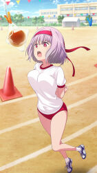 1girl :o arms_behind_back blue_shoes blue_sky bound bound_arms bread bread_eating_race breasts buruma clothes_pin cloud day food full_body game_cg gridman_universe gym_uniform headband highres large_breasts official_art open_mouth outdoors pink_hair red_buruma red_eyes red_headband running_track school_uniform shinjou_akane shirt shoes short_hair short_sleeves sky sneakers socks solo ssss.gridman third-party_source traffic_cone v-shaped_eyebrows white_shirt white_socks