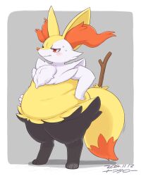 Rule 34 | 1girl, alternate body size, animal ear fluff, animal ears, animal nose, blush, body fur, border, braixen, closed mouth, commentary, dated, english commentary, fang, fat, fat woman, full body, gen 6 pokemon, gomuhimo (nawataro), grey background, highres, nintendo, orange eyes, orange tail, outside border, pokemon, signature, simple background, solo, standing, stick, sweat, tail, thick thighs, thighs, white border, white fur