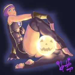 1girl 2017 aqua_eyes barefoot black_gloves black_thighhighs blunt_bangs bob_cut breasts capcom circlet clothing_cutout crystal_ball dark-skinned_female dark_skin fingering full_body gloves glowing halloween highres hori_shin jack-o&#039;-lantern leg_up lipstick looking_at_viewer makeup medium_breasts menat navel navel_cutout purple_hair short_hair signature sitting soles solo stirrup_legwear street_fighter street_fighter_v thighhighs thighs toeless_legwear toes unitard vambraces