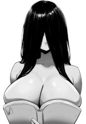 1girl absurdres black_background black_hair boobs_in_book_(meme) book breasts cleavage collarbone commentary english_commentary ghost greyscale hair_over_eyes highres holding holding_book huge_breasts long_hair lughost meme monochrome open_book original parted_lips simple_background solo upper_body white_background yamamura_sadako