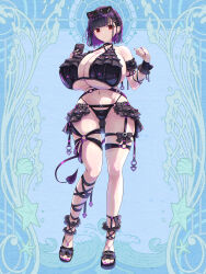 1girl armband bikini black_bikini black_bow black_hair blue_background bow breasts colored_inner_hair cross cross_earrings dairoku_ryouhei demon_tail earrings eyewear_on_head full_body hair_ornament highres hoi_(tw) holding holding_phone huge_breasts jewelry leg_ribbon looking_at_viewer multicolored_hair multiple_rings navel o-ring phone purple_hair purple_nails red_eyes ribbon ring sandals shidai_ayako short_hair solo standing streaked_hair sunglasses swimsuit tail thigh_strap wristband
