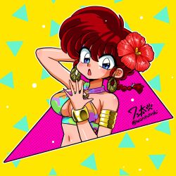 Rule 34 | 1girl, armlet, blue eyes, bracelet, braid, breasts, cleavage, earrings, flower, genderswap, genderswap (mtf), hair between eyes, hair flower, hair ornament, jewelry, navel, open mouth, ranma-chan, red hair, saotome ranma, shiny skin, single braid, solo, wanta (futoshi)