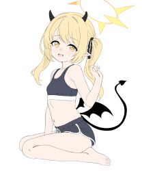 1girl absurdres armpit_crease barefoot black_shorts black_sports_bra blonde_hair blue_archive bra breasts dipa dolphin_shorts feet highres horns ibuki_(blue_archive) loli looking_at_viewer midriff navel open_mouth shorts small_breasts solo sports_bra stomach tail thighs toes underwear wings