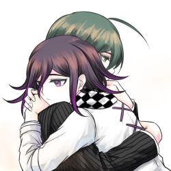 2boys ahoge black_hair black_jacket checkered_clothes checkered_scarf commentary cross-laced_clothes cross-laced_top danganronpa_(series) danganronpa_v3:_killing_harmony expressionless flipped_hair from_side hair_between_eyes highres hug jacket long_sleeves looking_down male_focus medium_hair multiple_boys oma_kokichi pinstripe_jacket pinstripe_pattern profile purple_eyes purple_hair saihara_shuichi scarf short_hair simple_background striped_clothes striped_jacket two-tone_scarf upper_body uyamuya_(buta) white_background yaoi yellow_eyes