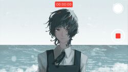 Rule 34 | 1girl, arms at sides, black dress, black hair, black ribbon, closed mouth, collared shirt, day, dress, eri (sayonara eri), grey eyes, highres, horizon, looking at viewer, neck ribbon, ocean, outdoors, pinafore dress, ribbon, sayonara eri, shirt, short hair, sleeveless, sleeveless dress, solo, straight-on, to/garashi, upper body, viewfinder, white shirt, wind