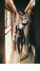 1girl arm_up ascot black_boots black_coat black_hat black_pants black_vest blue_bow boater_hat boots bow coat collared_shirt full_body grey_eyes grey_hair hair_bun hallway hand_up hat hat_bow highres holding holding_suitcase holding_unworn_clothes holding_unworn_hat indoors looking_at_viewer mimaki_pv pants reverse:1999 shadow shirt sidelighting single_side_bun smile solo suitcase thigh_boots unworn_hat unworn_headwear vertin_(reverse:1999) vest white_ascot white_shirt window