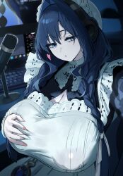 Rule 34 | 1girl, apron, black dress, blue eyes, blue hair, braid, breasts, cleavage, commentary, computer keyboard, covered erect nipples, desk, dotthebot, dress, frilled apron, frills, hair between eyes, hair intakes, hair over shoulder, half-closed eyes, hand on own chest, hat, headphones, heart, highres, hololive, hololive english, huge breasts, indoors, long hair, looking at viewer, low twin braids, maid, maid apron, microphone, microsoft windows, mob cap, monitor, official alternate costume, official alternate hairstyle, ouro kronii, ouro kronii (maid), outstretched arm, parted lips, partially unbuttoned, pocket watch, puffy nipples, selfie, solo, twin braids, virtual youtuber, watch, white apron