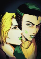 Rule 34 | 2girls, black hair, blonde hair, braid, commentary request, dreadlocks, ermes costello, forehead tattoo, green eyes, green hair, green lips, half-closed eyes, highres, jojo no kimyou na bouken, kimeohandream, kuujou jolyne, lipstick, lipstick mark, makeup, multicolored hair, multiple girls, one eye closed, stone ocean, turtleneck, two-tone hair, yuri