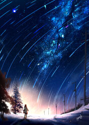 1girl amatsuki_rei artist_name black_hair black_socks blue_sky blurry blurry_foreground boots brown_boots bush cable coat commentary_request fantasy full_body fur-trimmed_boots fur_trim galaxy highres light looking_away night original outdoors red_sky scenery shooting_star sidelocks sky snow socks solo space standing star_(sky) starry_sky tree white_coat yellow_sky