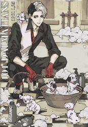 Rule 34 | 101 dalmatians, 1boy, absurdres, animal, animal on shoulder, baby animal, basin, bathtub, black hair, black shirt, black vest, commentary request, dated, divus crewel, dog, freckles (disney), gloves, grey eyes, highres, ho9 999, holding, holding shower head, holding sponge, indoors, lucky (disney), male focus, multicolored hair, patch (disney), penny (disney), puddle, puppy, red gloves, rolly (disney), shampoo, shampoo bottle, shirt, short hair, shower head, soap bubbles, split-color hair, sponge, squatting, twisted wonderland, two-tone vest, vest, water, white hair, white vest