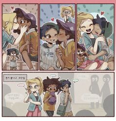 3girls amphibia anne_boonchuy backwards_hat baseball_cap baseball_uniform black_hair blonde_hair blush brown_hair hat heart holding_hands hug interlocked_fingers kiss kissing_cheek kissing_neck korean_commentary korean_text latki marcy_wu multiple_girls polygamy ponytail sasha_waybright sportswear translation_request yuri
