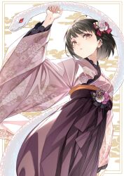 Rule 34 | 1girl, ahoge, black hair, bob cut, bow, chinese zodiac, cowboy shot, floral print, floral print kimono, flower, hair bow, hair flower, hair ornament, hakama, hakama skirt, highres, japanese clothes, kimono, lace, lace-trimmed kimono, lace trim, long sleeves, orange sash, original, pink kimono, porikeracchou, print kimono, purple hakama, skirt, snake, solo, white snake, wide sleeves, year of the snake, yellow eyes