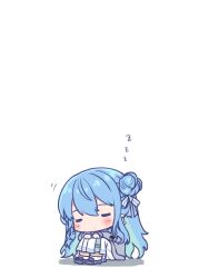 1girl =_= blue_hair blush chibi commentary_request grey_jacket hair_between_eyes hair_bun highres hololive hoshimachi_suisei hoshimachi_suisei_(school_uniform) ishida_aya jacket long_hair long_sleeves on_floor pleated_skirt simple_background single_hair_bun sitting skirt sleeping solo virtual_youtuber white_background white_skirt zzz