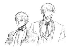 2boys alternate_costume beard bow bowtie canute closed_mouth facial_hair facial_scar formal_clothes hair_between_eyes height_difference light_smile looking_to_the_side male_focus monochrome multiple_boys multiple_scars necktie scar scar_on_cheek scar_on_face scar_on_nose short_hair simple_background sketch sopa_gamja suit thorfinn tuxedo vest vinland_saga white_background wing_collar
