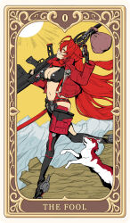 1girl anti-materiel_rifle black_gloves black_pants breasts cleavage clothing_cutout commentary_request crotch_plate dog fingerless_gloves gloves goddess_of_victory:_nikke gun highres hip_vent holding holding_gun holding_weapon horns jacket large_breasts latex_bikini leather leather_jacket leather_pants leg_cutout long_hair long_sleeves mechanical_horns navel pants red_hair red_hood_(nikke) red_jacket red_scarf rifle scarf sky smile sniper_rifle sun syope tarot the_fool_(tarot) unzipped weapon yellow_sky