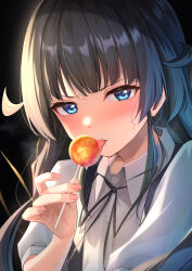 1girl absurdres black_hair black_ribbon blue_eyes blush candy collared_shirt commentary_request food highres holding holding_candy holding_food holding_lollipop licking lollipop long_hair looking_at_viewer maeshimashi neck_ribbon original ribbon saliva shirt sidelocks solo sweat upper_body white_shirt