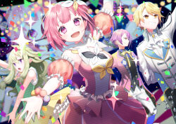Rule 34 | 2boys, 2girls, :d, arm up, ascot, black pants, blonde hair, blue hair, bracelet, brooch, bunting, coat, confetti, detached sleeves, dress, frilled sleeves, frills, green hair, green shirt, grin, idol clothes, jacket, jewelry, kamishiro rui, kusanagi nene, low-tied sidelocks, mixed-language commentary, multicolored hair, multiple boys, multiple girls, neck ribbon, ootori emu, open clothes, open coat, open mouth, pants, petticoat, pink coat, pink dress, pink eyes, pink hair, pleated skirt, project sekai, puffy short sleeves, puffy sleeves, purple eyes, purple hair, ribbon, shirt, short hair, short sleeves, sidelocks, skirt, smile, strapless, strapless dress, streaked hair, tenma tsukasa, two-tone hair, usalxlusa, v-shaped eyebrows, white ascot, white jacket, white pants, wonderlands x showtime (project sekai), yellow ribbon, yellow skirt