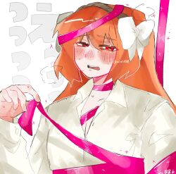 Rule 34 | 1girl, blush, bow, collared shirt, e.g.o (project moon), freckles, hair bow, ishmael (project moon), limbus company, long hair, long sleeves, looking at viewer, orange hair, pink ribbon, project moon, red eyes, ribbon, roseate desire (e.g.o), shirt, simple background, solo, suisei0708, upper body, white background, white bow, white shirt
