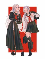 1girl alternate_costume alternate_hairstyle alternate_universe artist_name bag black_gloves black_jacket black_shoes black_skirt black_socks closed_eyes closed_mouth commentary_request contemporary crossed_arms edelgard_von_hresvelg fingerless_gloves fire_emblem fire_emblem:_three_houses full_body gloves hair_ribbon headband highres holding holding_bag holding_jacket holding_umbrella holding_unworn_clothes jacket long_hair long_skirt long_sleeves looking_to_the_side low_ponytail mlkywy nintendo pantyhose parted_bangs pink_lips ponytail purple_eyes purple_headband purple_ribbon red_background red_pantyhose ribbon sailor_collar school_bag school_uniform shoes skirt socks solo standing umbrella unworn_jacket wavy_hair white_hair