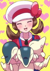 1girl ^_^ animal animal_hug blue_overalls blush bow brown_hair closed_eyes commentary cyndaquil gen_2_pokemon happy hat head_tilt heart heart_background highres holding holding_pokemon hug lyra_(pokemon) medium_hair newsboy_cap nintendo open_mouth overalls pokemon pokemon_(creature) pokemon_hgss red_bow red_shirt sheyona shirt smile standing twintails white_hat yellow_background