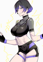 1girl black_hair black_shorts breasts clash_kuro_neko collar crop_top female_focus fingerless_gloves gloves grin highres large_breasts lightning looking_at_viewer midriff multicolored_hair namco purple_hair reina_(tekken) short_hair shorts smile solo streaked_hair teeth tekken tekken_8 two-tone_hair