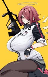Rule 34 | 1girl, alternate breast size, arknights, assault rifle, blush, breast milk, brown pantyhose, bullpup, exusiai (arknights), gun, highres, ikamochi kalong, looking at viewer, nipples, pantyhose, red hair, rifle, shoes, simple background, sitting, solo, steyr aug, weapon, yellow background