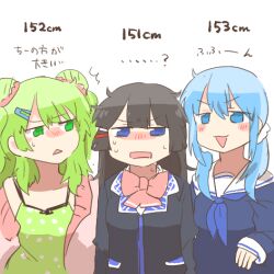 ...? 3girls :&lt; ^^^ bare_shoulders black_hair black_jacket blazer blue_eyes blue_hair blue_neckerchief blue_shirt blush blush_stickers bow camisole chibi collarbone double_bun green_camisole green_eyes green_hair hair_bun hair_over_shoulder jacket long_hair low_twintails lowres morinaka_kazaki morinaka_kazaki_(2nd_costume) multiple_girls neckerchief nijisanji nose_blush off_shoulder open_clothes open_jacket parted_lips pink_bow pink_jacket polka_dot_camisole rebecca_(keinelove) sailor_collar school_uniform serafuku shirt simple_background translation_request triangle_mouth tsukino_mito tsukino_mito_(1st_costume) twintails virtual_youtuber white_background white_sailor_collar yuuki_chihiro