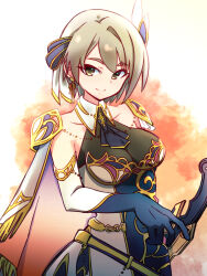 Rule 34 | 1girl, arm at side, armor, ascot, assault lily, black ribbon, blue ascot, blue dress, blue gloves, breasts, cape, closed mouth, collarbone, collared dress, commentary request, digamma, dress, earrings, elbow gloves, gloves, gold trim, gradient background, grey cape, grey hair, hair ornament, hair ribbon, halter dress, halterneck, hand up, highres, jewelry, kawazoe misuzu, looking at viewer, medium breasts, multicolored cape, official alternate costume, orange background, orange cape, purple cape, red background, ribbon, see-through clothes, sheath, sheathed, short hair, shoulder armor, smile, solo, standing, sword, two-sided cape, two-sided fabric, two-tone dress, upper body, weapon, white background, white cape, white dress, white gloves, white ribbon, yellow background, yellow eyes