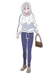 1girl bag blue_eyes blue_pants brown_bag brown_footwear clenched_hand collarbone dosanko_gal_wa_namaramenkoi drawstring full_body glasses grey-framed_eyewear grey_hair hair_intakes handbag highres hina_(dosanko_gyaru_wa_namaramenkoi) holding holding_bag hood hoodie legs_apart light_smile long_hair long_sleeves looking_at_viewer official_art pants round_eyewear solo standing sweatpants transparent_background white_hoodie