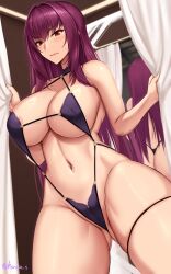 1girl adapted_costume akitsuki_karasu areola_slip ass bikini black_bikini blush breasts closed_mouth fate/grand_order fate_(series) fitting_room hair_intakes highres large_breasts long_hair looking_at_viewer mirror navel pink_hair red_eyes reflection scathach_(fate) solo stomach sweat swimsuit thighs twitter_username wavy_mouth