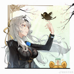 1girl ahoge bird black_bird black_unitard blue_flower blue_rose bodystocking breasts floating_hair flower flower_on_chest hair_ornament highres large_breasts long_hair long_sleeves official_alternate_costume rose upper_body white_background yellow_eyes yi_xuan_(trails_of_ink)_(zenless_zone_zero) yi_xuan_(zenless_zone_zero) zenless_zone_zero zuomuzi_cheche
