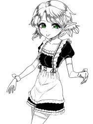 Rule 34 | 1girl, alternate costume, apron, blush, breasts, closed mouth, commentary request, cowboy shot, detached sleeves, dress, enmaided, frilled thigh strap, green eyes, greyscale, highres, looking at viewer, maid, mizuhashi parsee, monochrome, pointy ears, puffy short sleeves, puffy sleeves, short hair, short sleeves, simple background, small breasts, smile, solo, spot color, thigh strap, thighhighs, tongue, tongue out, touhou, wrist cuffs, yokozuna iwashi