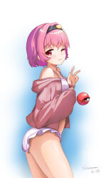 1girl alternate_costume black_hairband breasts commentary_request cowboy_shot dated eyeball frills from_side hair_intakes hair_ornament hairband hand_up heart heart_hair_ornament highres hood hoodie komeiji_satori light_blush long_sleeves looking_at_viewer looking_to_the_side off_shoulder one_eye_closed panties pink_hair pink_hoodie puffy_long_sleeves puffy_sleeves red_eyes short_hair signature simple_background small_breasts solo subterranorm swimsuit third_eye touhou underwear v white_background white_panties