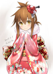 10s 1girl 2015 artist_name blush brown_hair cowboy_shot dated errant female_focus folded_ponytail fur hair_ornament inazuma_(kancolle) japanese_clothes kantai_collection kimono long_hair long_sleeves looking_at_viewer new_year obi sash sleeves_past_wrists smile solo torpedo yellow_eyes